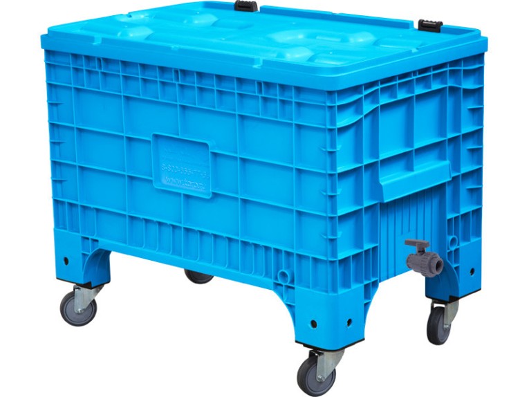 Контейнер 1017х636х793 сплошной, на колёсах, с крышкой на петлях, с КШ 1 внешняя резьба цв. сини купить в Череповце